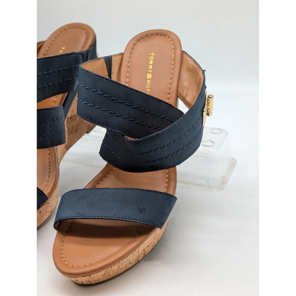 Tommy Hilfiger Womens 8.5M Navy Blue Cork Wedge Sandals Platform Gold Hardware